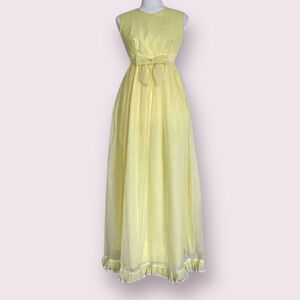 Vintage 60s Yellow Chiffon Swiss Dot Maxi Dress Size S